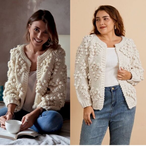 CHICWISH Hand Knit Wool Heart Yarn Open Front Cardigan Sweater Ivory Size S/M - Picture 1 of 8